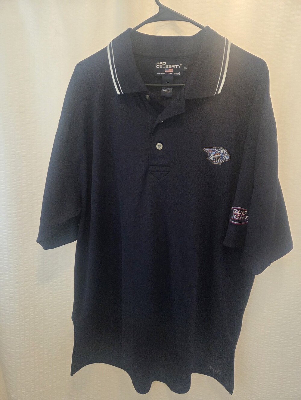 Men's Pro Celebrity Navy Polo Shirt with Nashville Predators And Budlight Logos